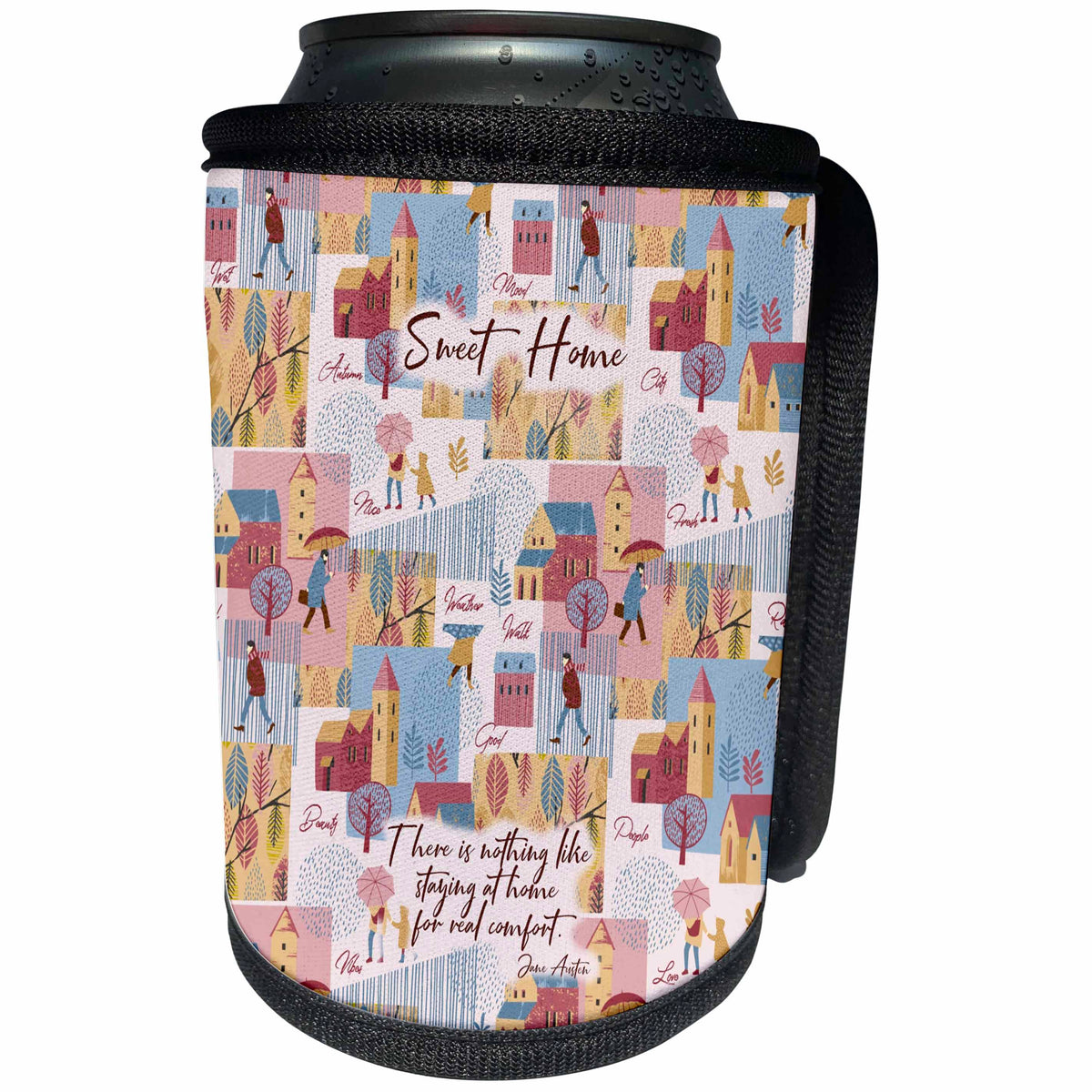 3dRose Alexis Design - Autumn Vibes - There is nothing like staying at home Jane Austen quote. Autumn decor - Can Cooler Bottle Wrap (cc_295072)