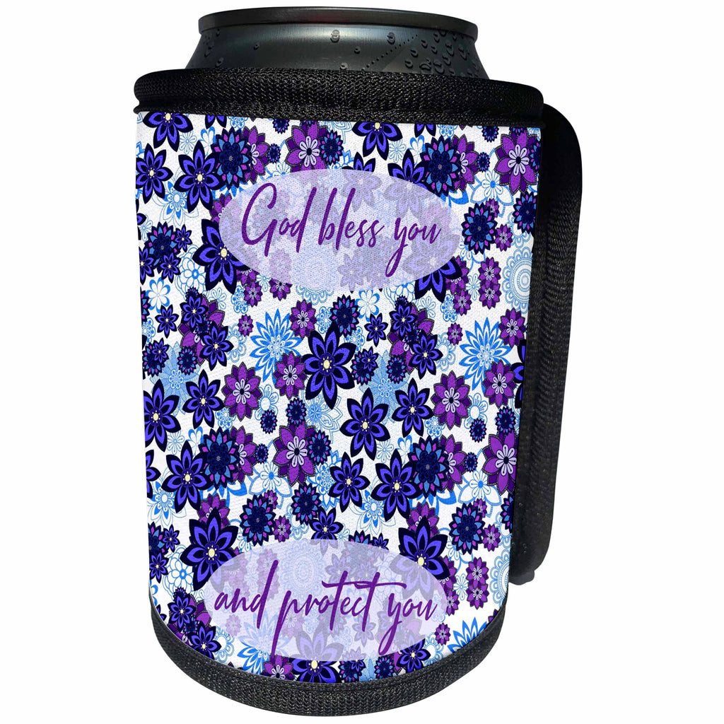 3dRose Alexis Design - Inspirational - God bless you and protect you text. Blue flowers. Floral decor - Can Cooler Bottle Wrap (cc_295073)