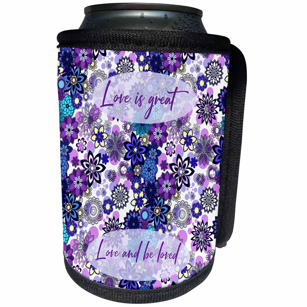 3dRose Alexis Design - Inspirational - Love is great. Love and be loved. Charming blue flowers. Floral decor - Can Cooler Bottle Wrap (cc_295076)