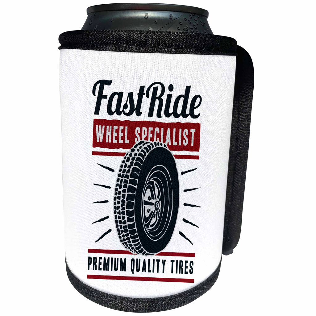 3dRose Alexis Design - Transport Auto - Fast ride wheel specialist. Premium quality tires. A tire image - Can Cooler Bottle Wrap (cc_295093)