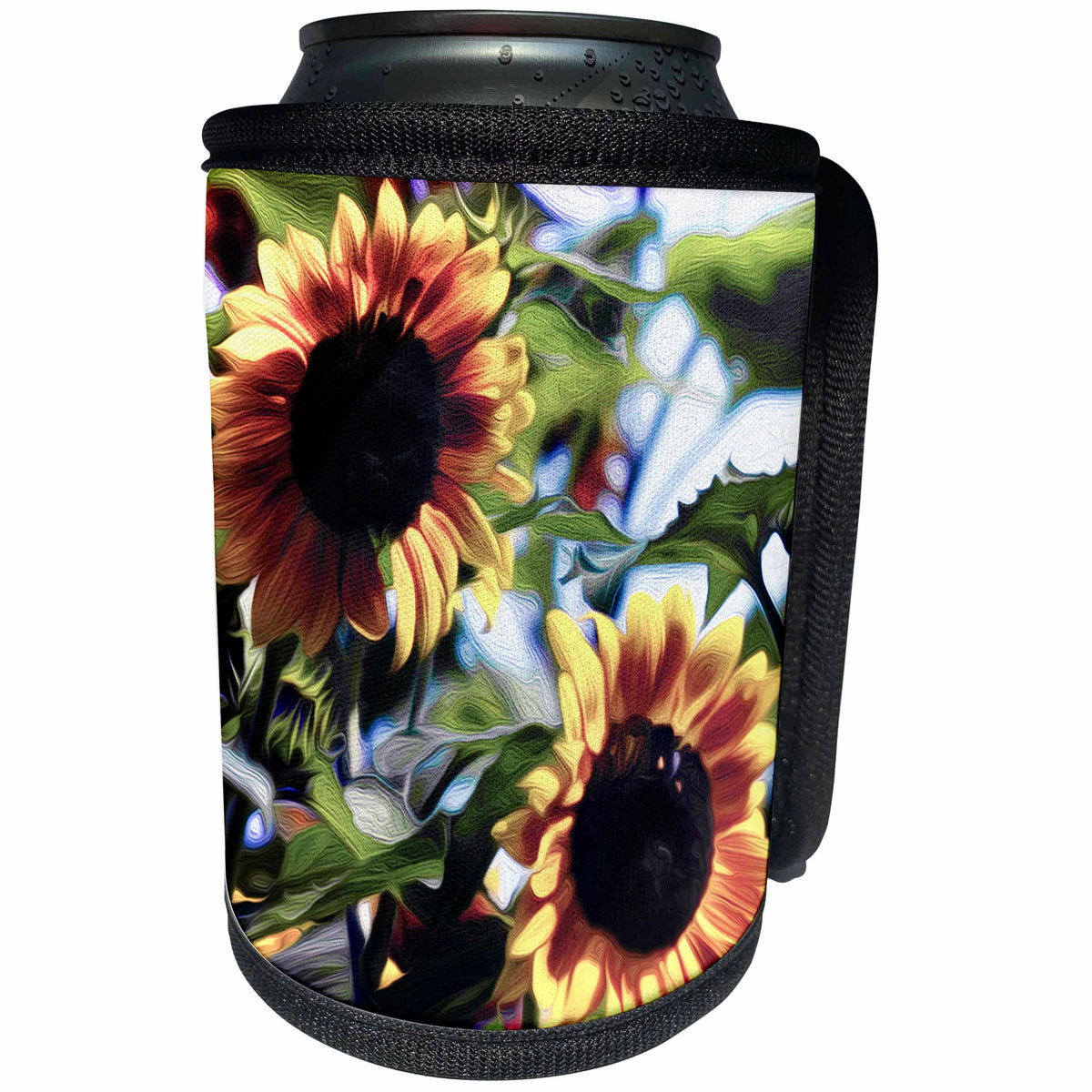 3dRose Stamp City - flowers - Photograph of sunflowers got a fun painted effect in Photoshop. - Can Cooler Bottle Wrap (cc_295281)