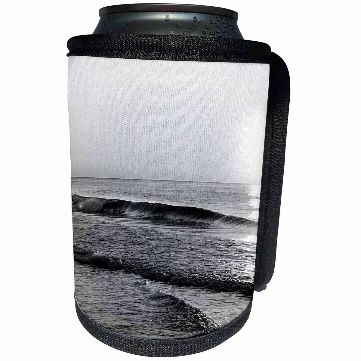3dRose Stamp City - beach - Black and white photograph of a sunrise on a Jersey Shore beach. - Can Cooler Bottle Wrap (cc_295282)
