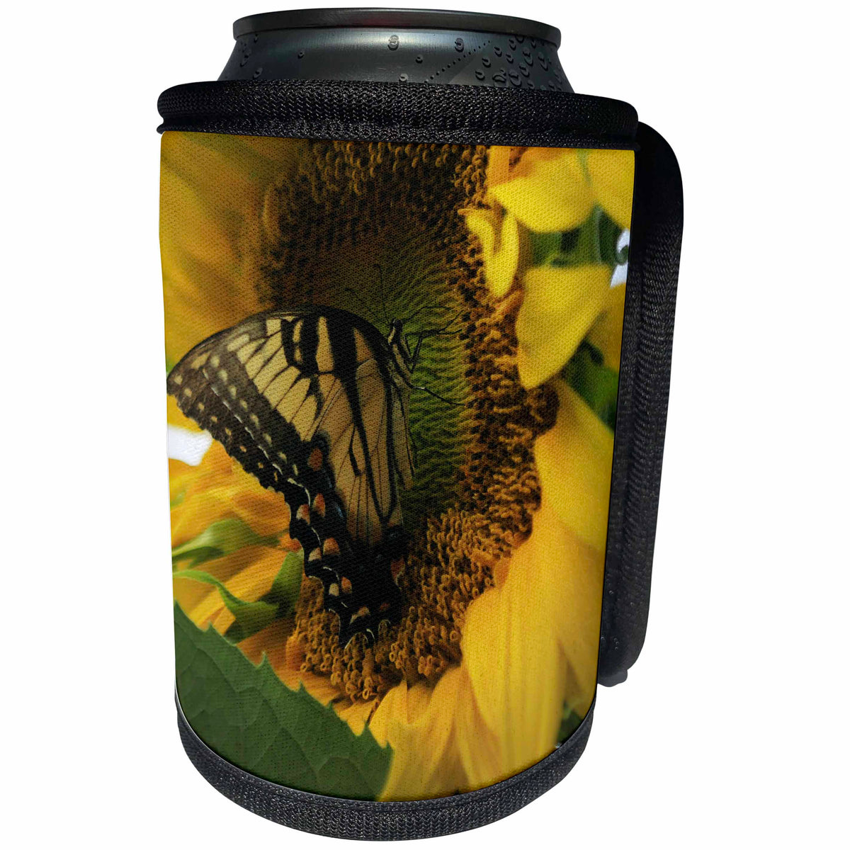 3dRose Stamp City - nature - Photo of an eastern tiger swallowtail enjoying a mammoth sunflower. - Can Cooler Bottle Wrap (cc_295293)