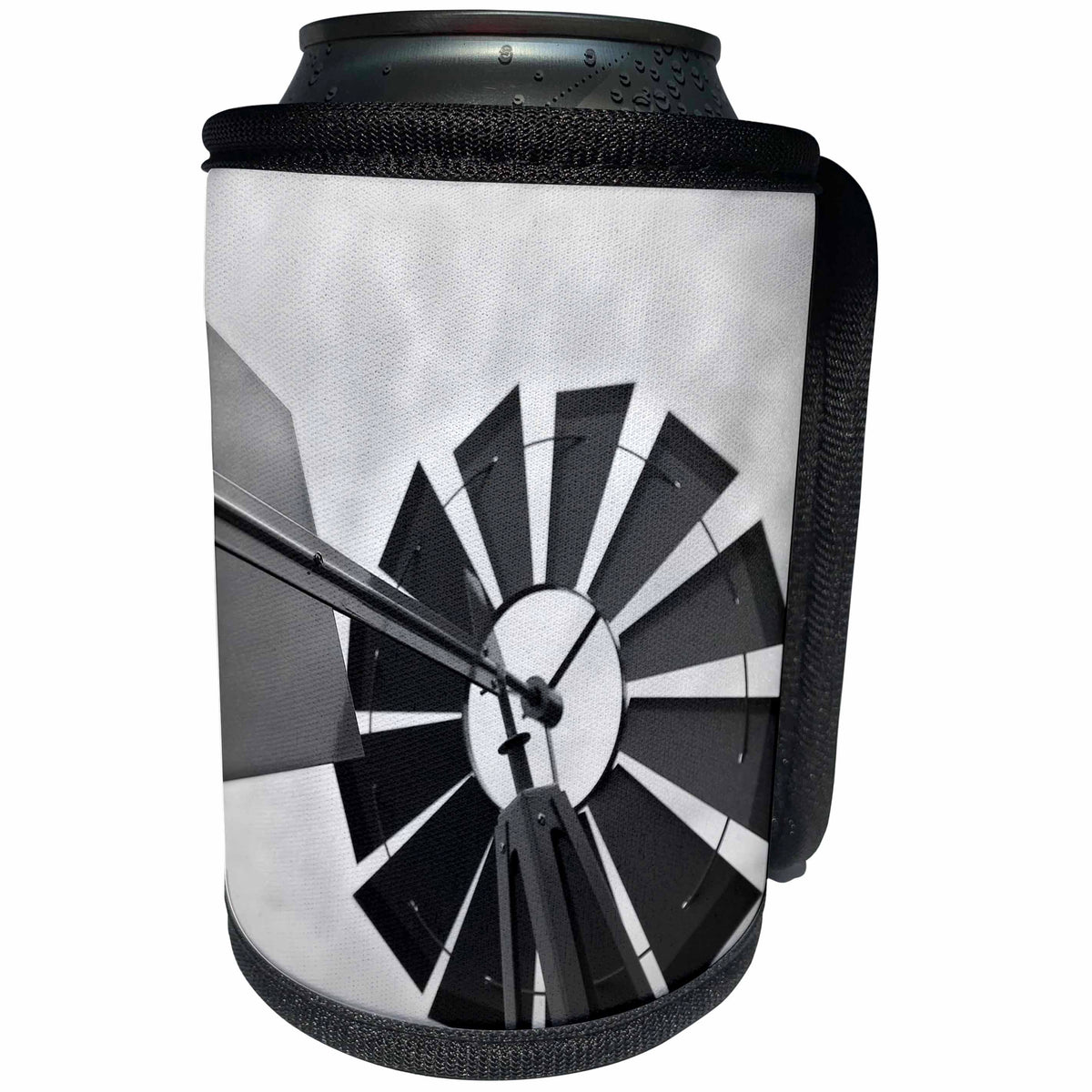 3dRose Stamp City - miscellaneous - Photograph of a silver metal windmill in our garden. - Can Cooler Bottle Wrap (cc_295308)