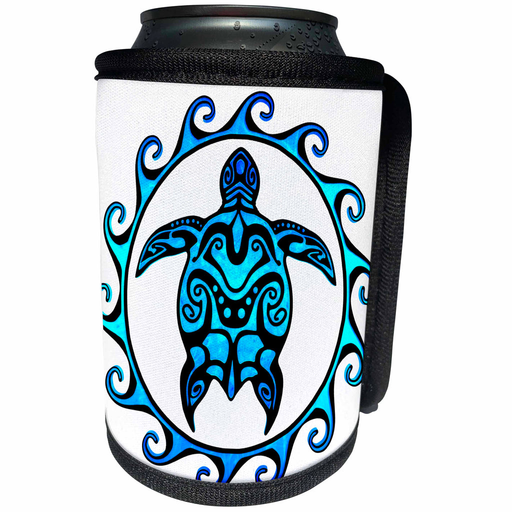 3dRose MacDonald Creative Studios – Tribal Animals - A ocean blue tribal honu sea turtle in a Maori Sun Polynesian symbol. - Can Cooler Bottle Wrap (cc_295345)