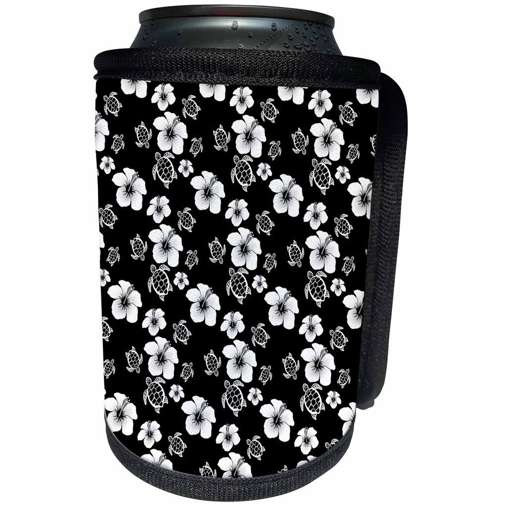3dRose MacDonald Creative Studios – Hawaii - A black and white hibiscus flower and turtle Hawaiian pattern. - Can Cooler Bottle Wrap (cc_295353)
