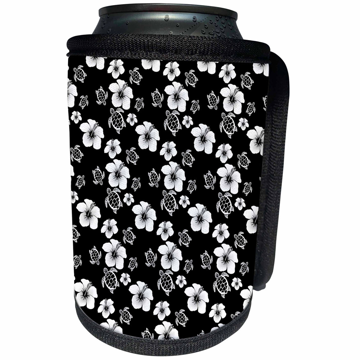3dRose MacDonald Creative Studios – Hawaii - A black and white hibiscus flower and turtle Hawaiian pattern. - Can Cooler Bottle Wrap (cc_295353)