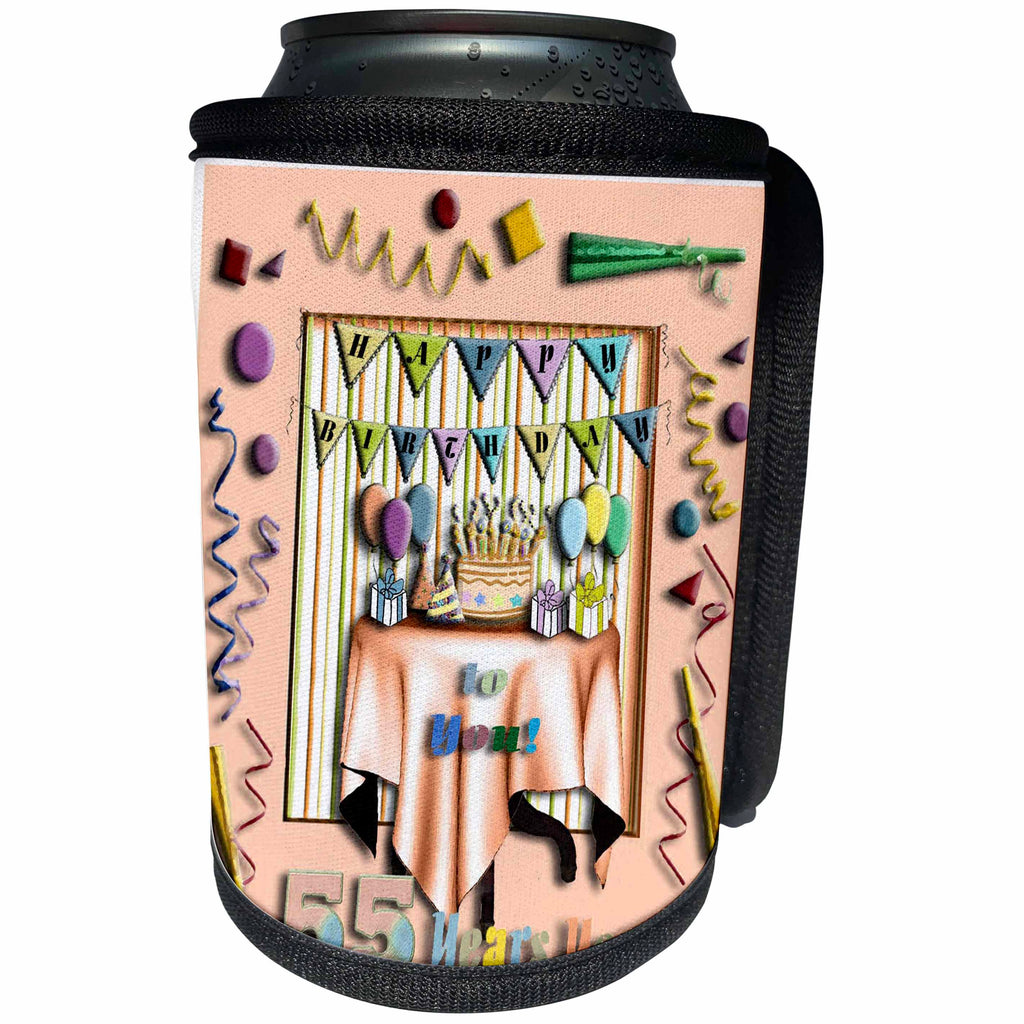 3dRose Beverly Turner Birthday Design - Birthday Room in Peach Happy Birthday to You 55 Years Young - Can Cooler Bottle Wrap (cc_29577)