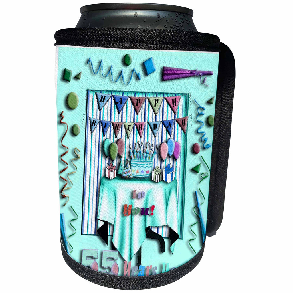 3dRose Beverly Turner Birthday Design - Birthday Room in Green Happy Birthday to You 55 Years Young - Can Cooler Bottle Wrap (cc_29578)