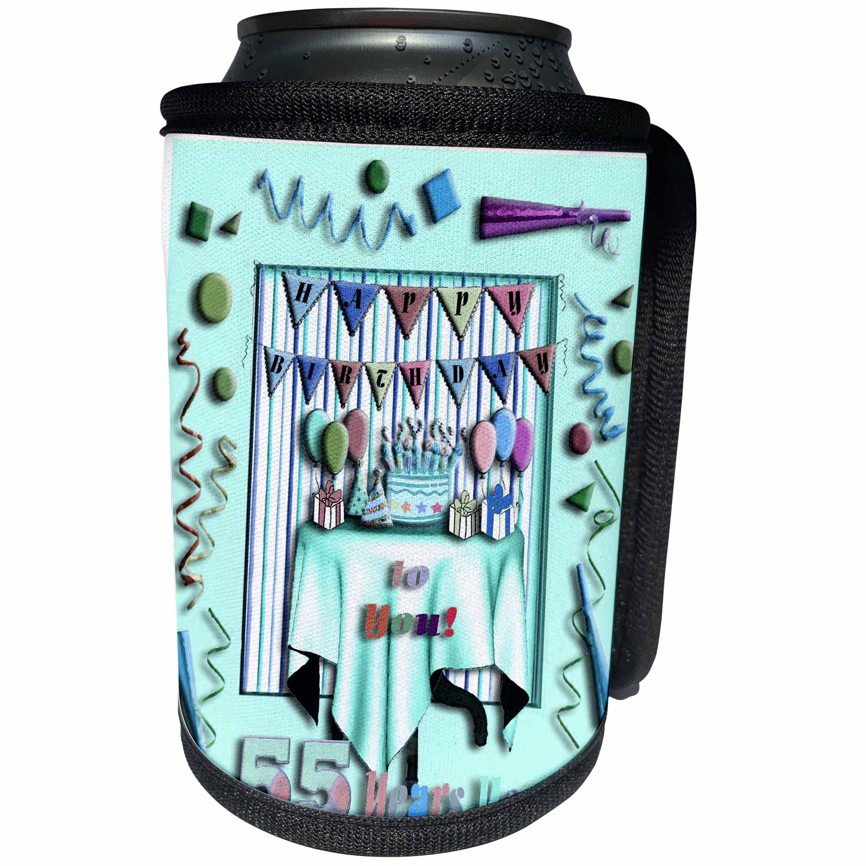 3dRose Beverly Turner Birthday Design - Birthday Room in Green Happy Birthday to You 55 Years Young - Can Cooler Bottle Wrap (cc_29578)