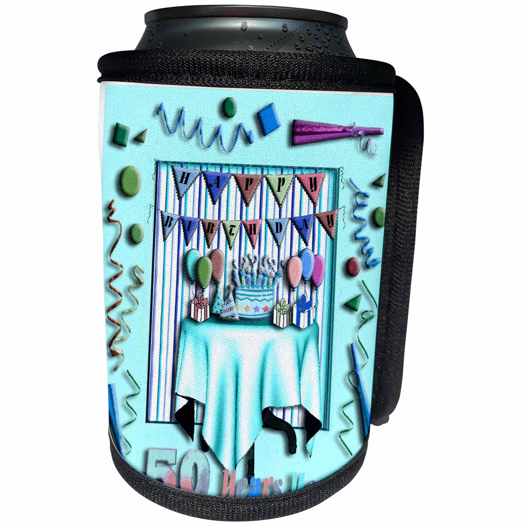 3dRose Beverly Turner Birthday Design - Birthday Room in Green Happy Birthday 50 Years Young - Can Cooler Bottle Wrap (cc_29580)