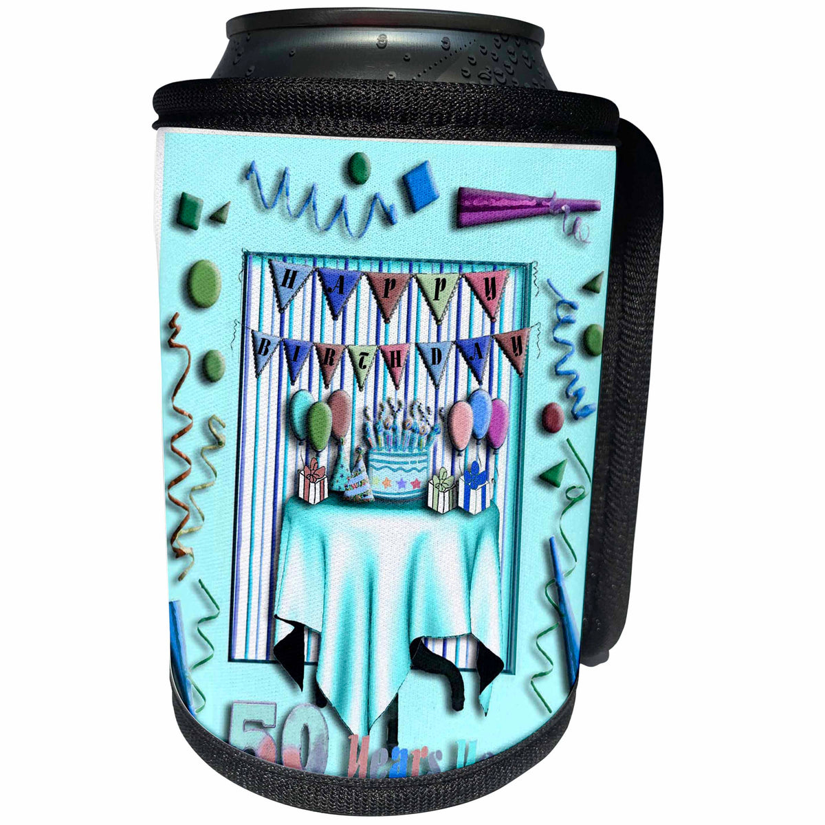 3dRose Beverly Turner Birthday Design - Birthday Room in Green Happy Birthday 50 Years Young - Can Cooler Bottle Wrap (cc_29580)