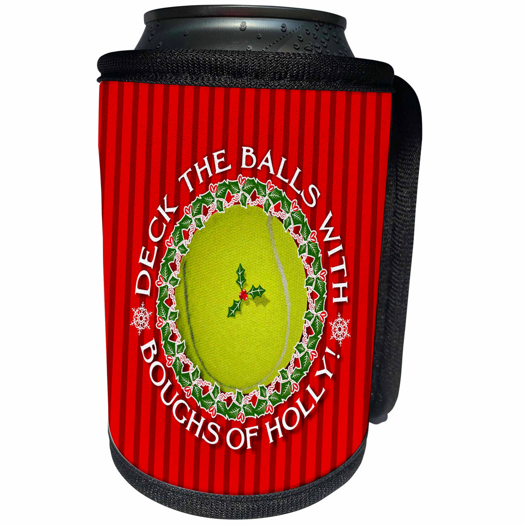 3dRose Russ Billington Christmas Designs - Christmas Holiday Tennis Ball Design- Deck The Balls - Can Cooler Bottle Wrap (cc_295816)