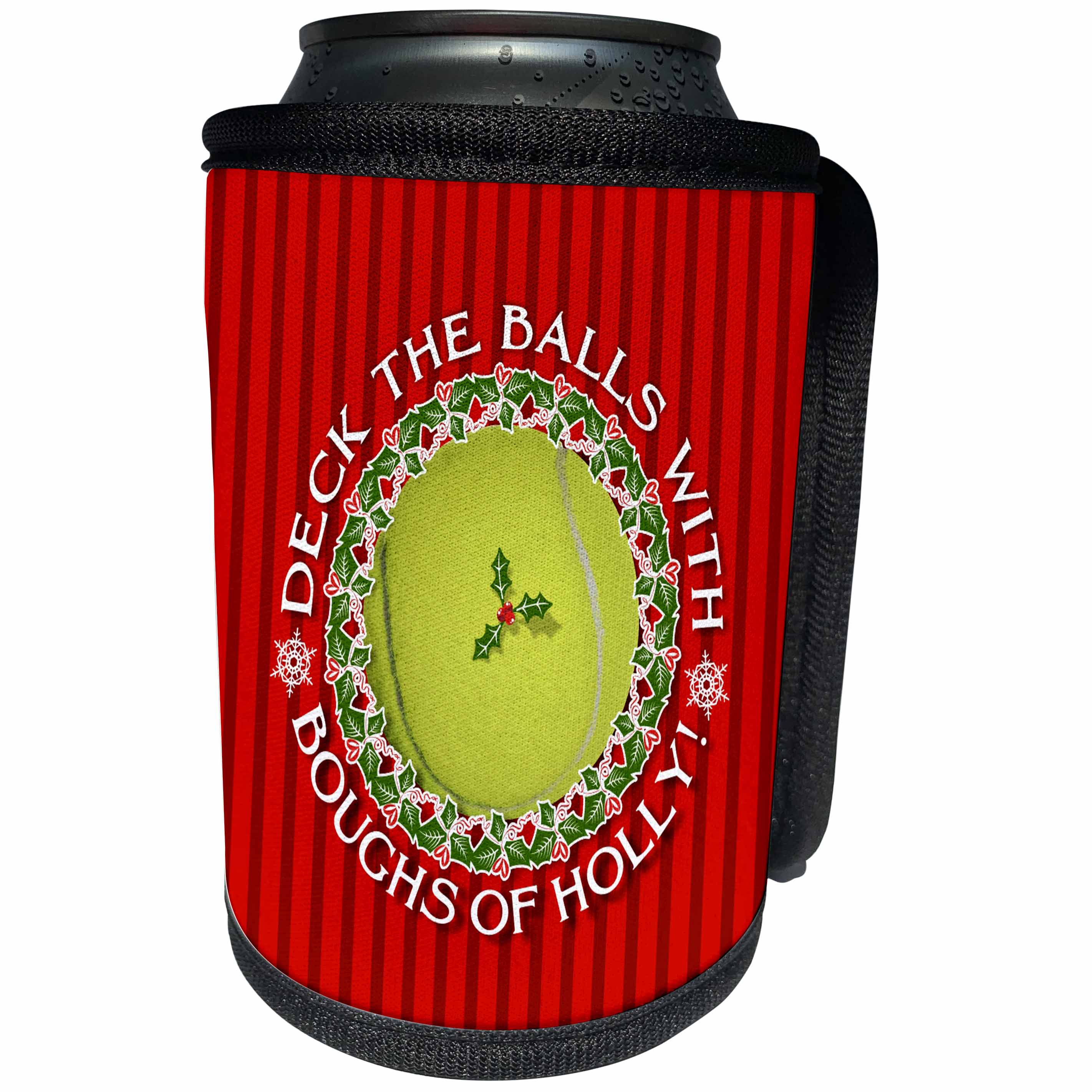 3dRose Russ Billington Christmas Designs - Christmas Holiday Tennis Ball Design- Deck The Balls - Can Cooler Bottle Wrap (cc_295816)