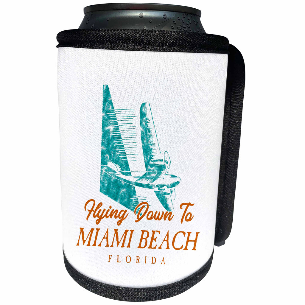 3dRose Russ Billington Designs - Miami Beach Florida- Vacation Design in Blue and Orange - Can Cooler Bottle Wrap (cc_295826)