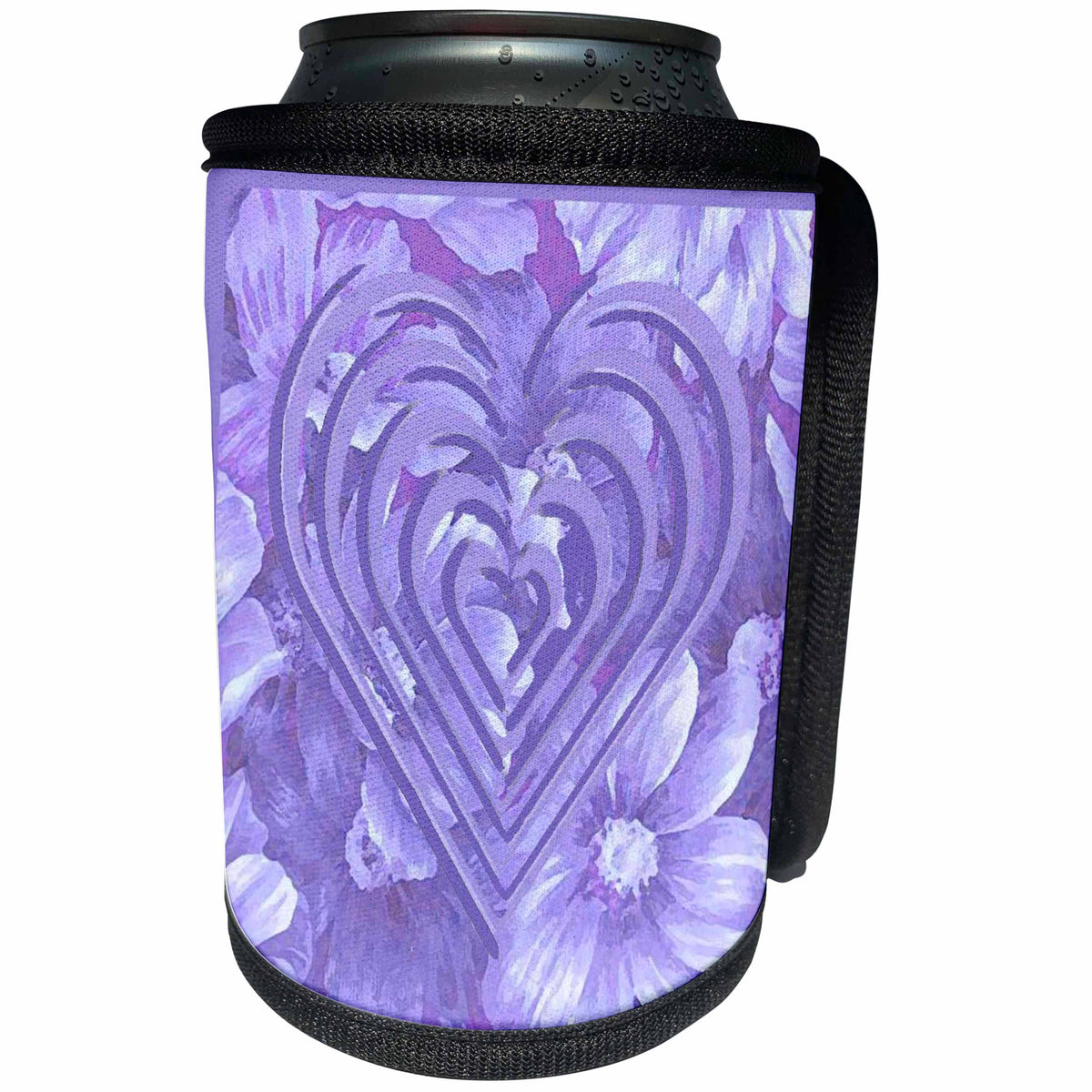 3dRose Beverly Turner Heart Design - Purple Heart on Flowers - Can Cooler Bottle Wrap (cc_29583)