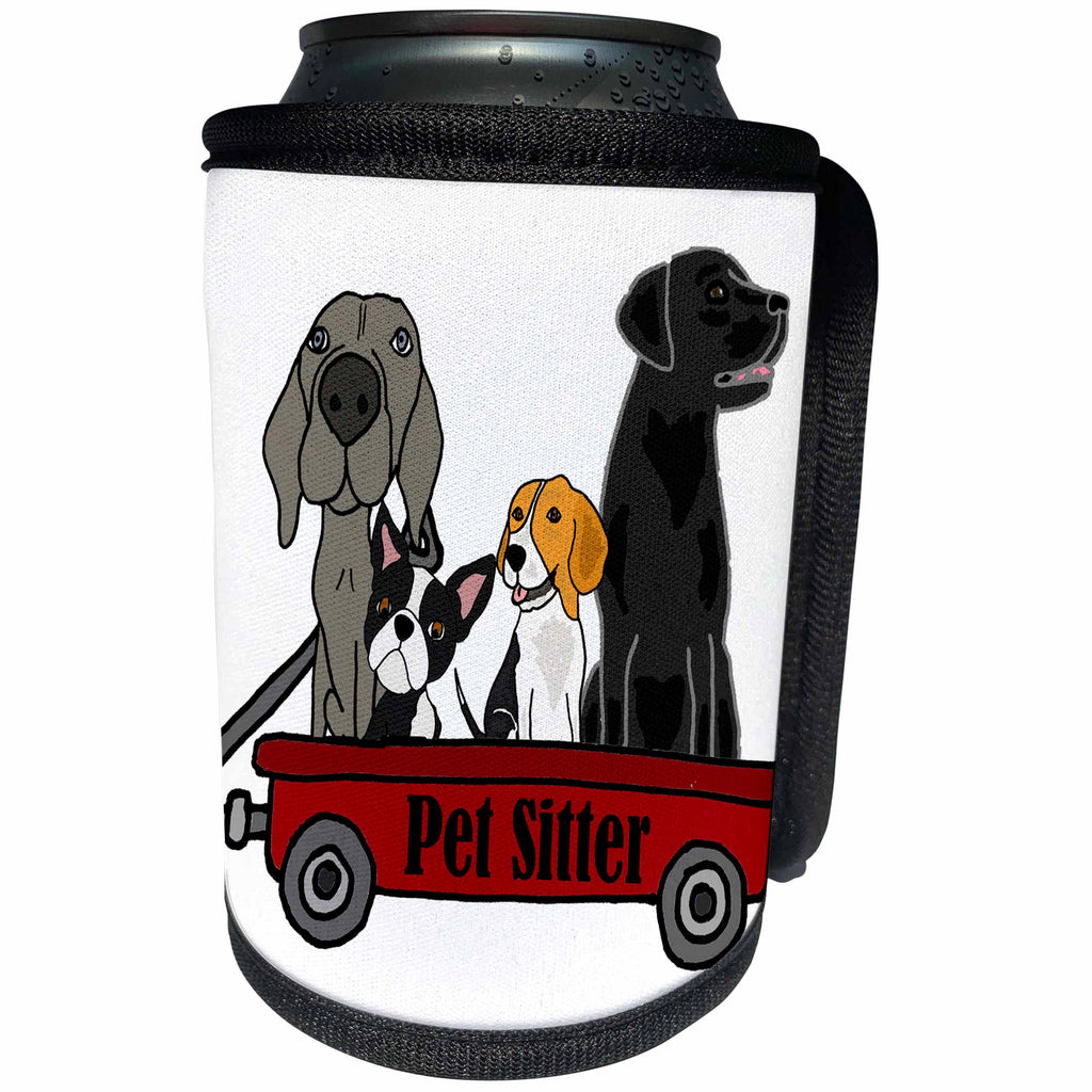 3dRose All Smiles Art - Animals - Pet sitter Weimaraner, black lab, Boston terrier, Beagle Dogs in wagon - Can Cooler Bottle Wrap (cc_296565)