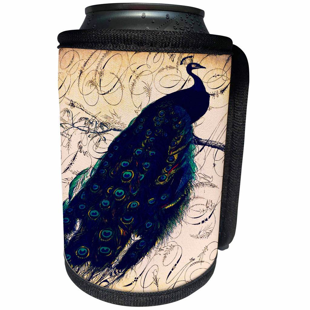 3dRose Cassie Peters Birds - Vintage Peacock With Script - Can Cooler Bottle Wrap (cc_296819)