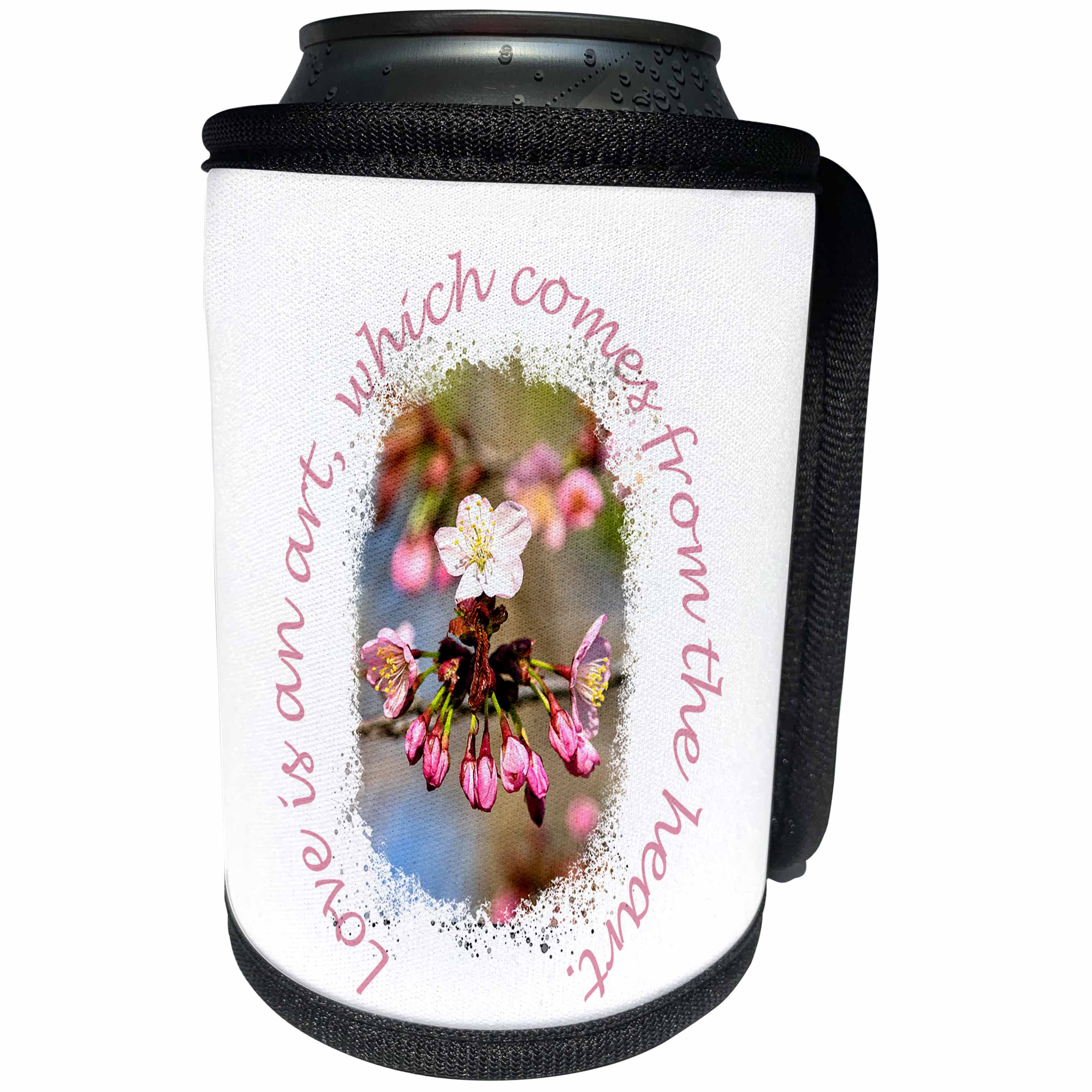 3dRose Pink Sakura Flowers - Cherry Blossom. Love is an art... - Can Cooler Bottle Wrap (cc-362093)
