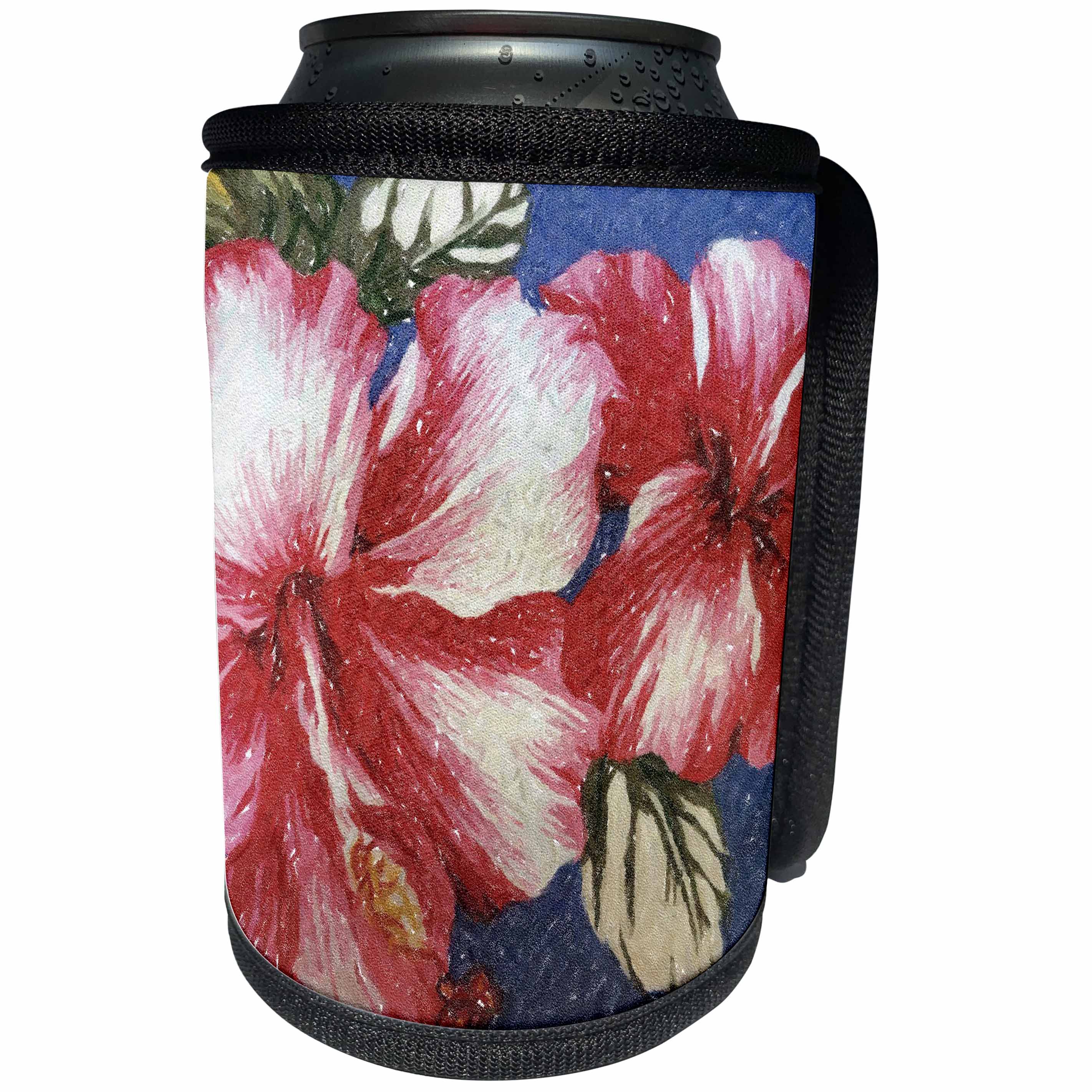 3dRose Image of Painted Red Hibiscus On Blue Background - Can Cooler Bottle Wrap (cc-362901)
