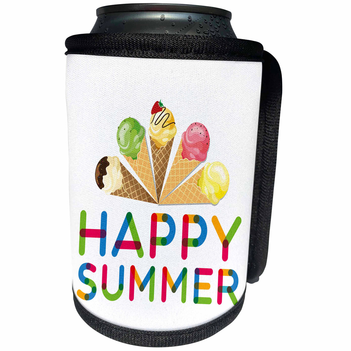 3dRose Happy Summer colorful text and a crown of five yummy... - Can Cooler Bottle Wrap (cc-363980)