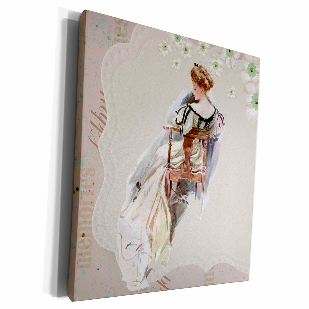 3dRose Victorian lady and floral pastel background - Museum Grade Canvas Wrap (cw_218755)