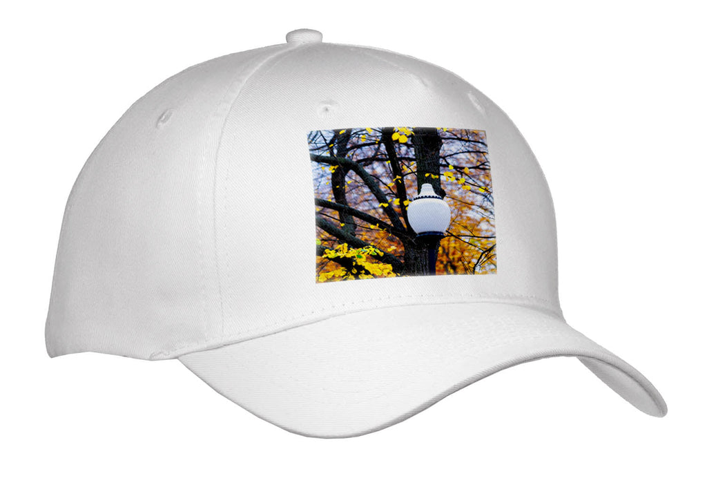 3dRose White lamp, yellow leaves, dark trees. Autumn in the public park - Caps (cap_336589)