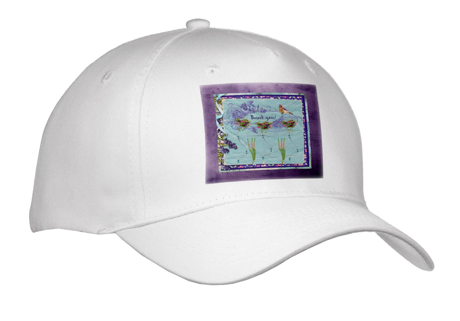 3dRose Image of Thank You, Bird on Flowered Tag, Beads, and Ribbons, Purple - Caps (Cap_336621)