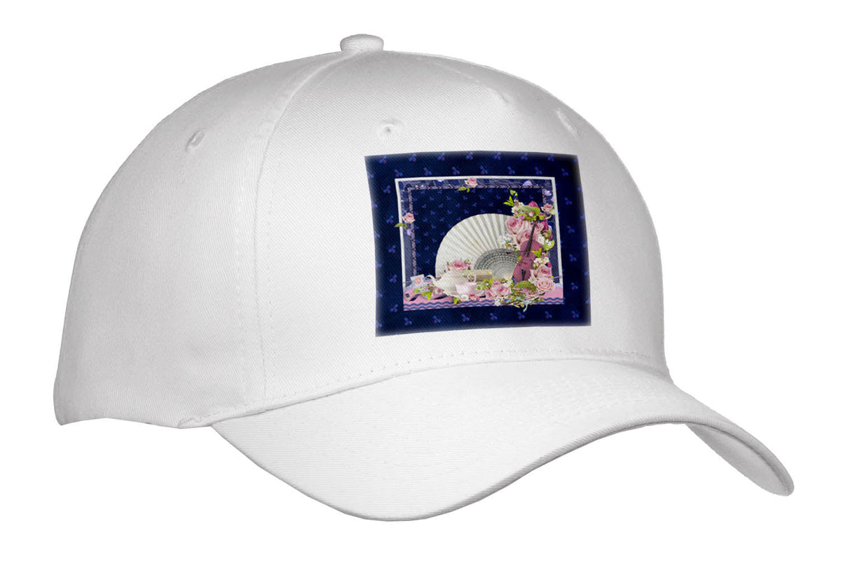 3dRose Image of Beautiful Tea Set, Violin, Rose Flowers, Fan, Blue, Pink - Caps (Cap_336624)