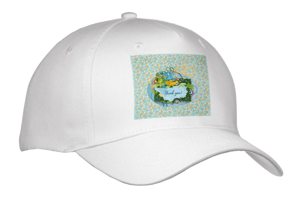 3dRose Image of Thank You on Torn Paper, Flower Cluster, Blue, Yellow, Orange - Caps (Cap_336626)