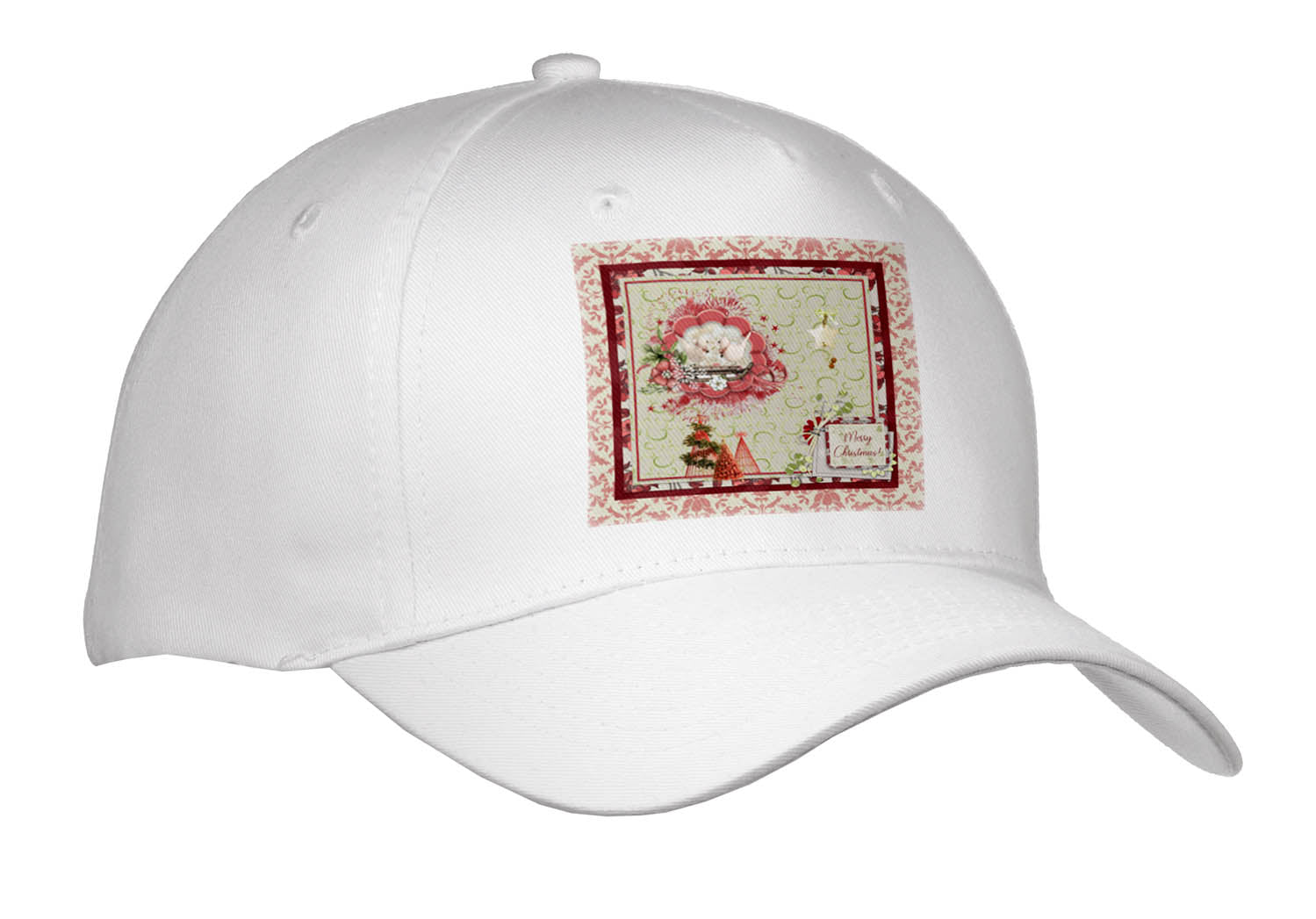 3dRose Image of Cream Birds on Sled, Trees, Merry Christmas Tag, Salmon Red - Caps (Cap_336627)