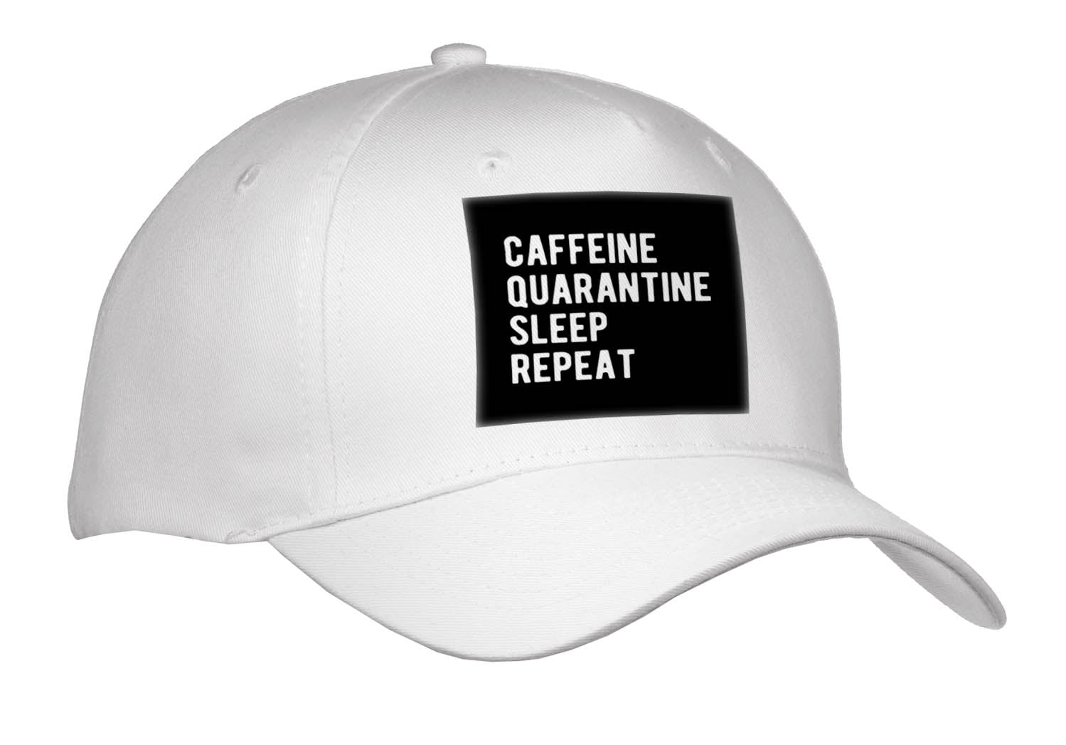 3dRose Caffeine Quarantine Sleep Repeat. White Lettering on Black Background. - Caps (Cap_336668)