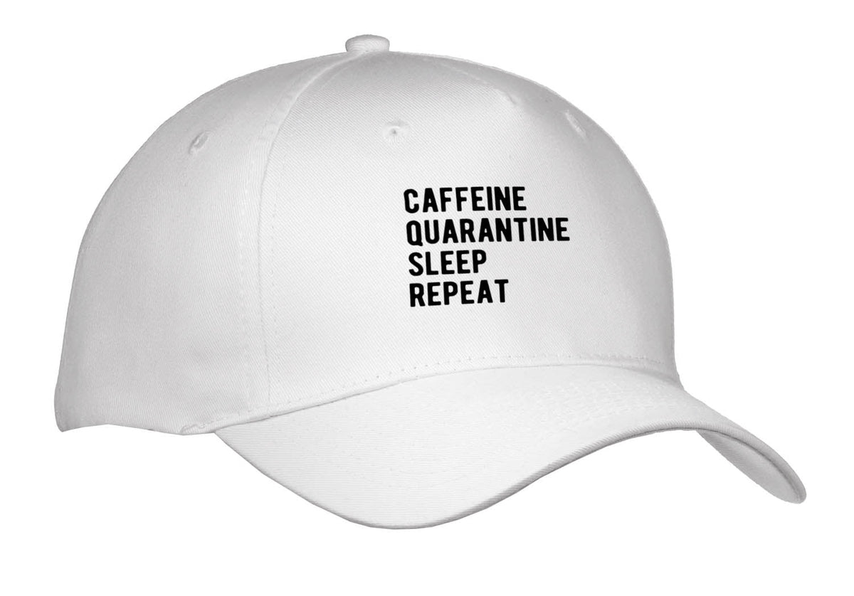 3dRose Caffeine Quarantine Sleep Repeat. Black Lettering on White Background. - Caps (Cap_336669)