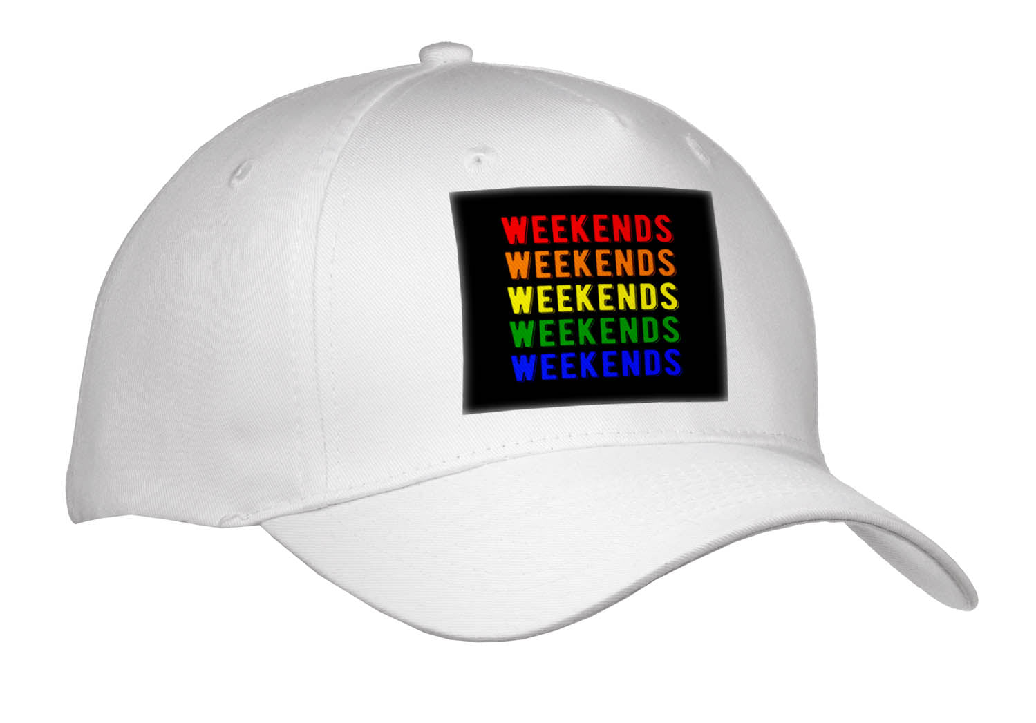 3dRose Weekends Repeated 5 Times. Bold Colorful Lettering on Black Background - Caps (Cap_336676)