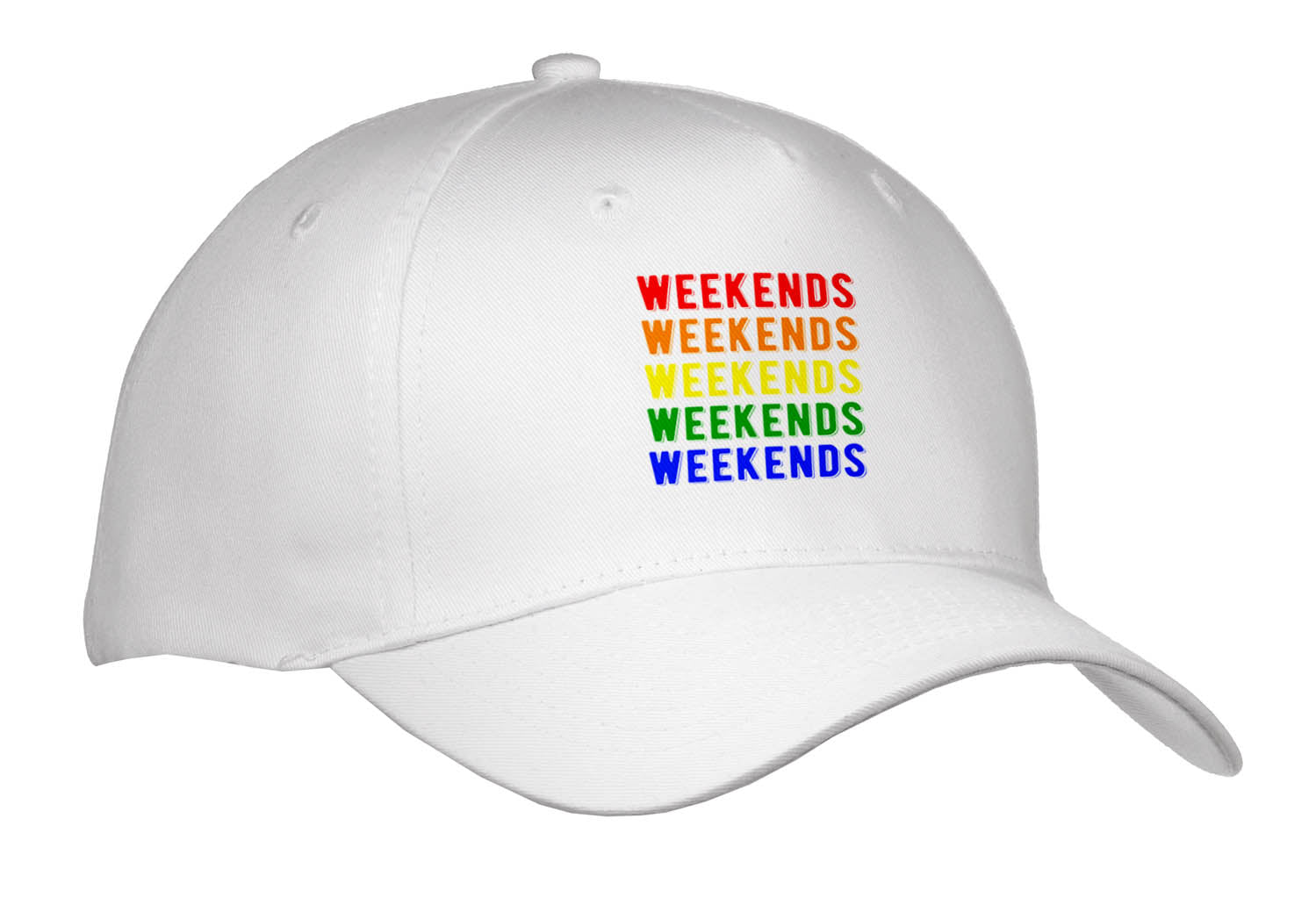 3dRose Weekends Repeated 5 Times. Bold Colorful Lettering on White Background - Caps (Cap_336677)