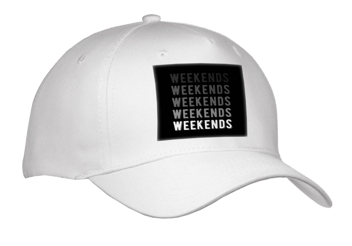 3dRose Weekends Repeated 5 Times. Bold Lettering Fading on Black Background - Caps (Cap_336678)