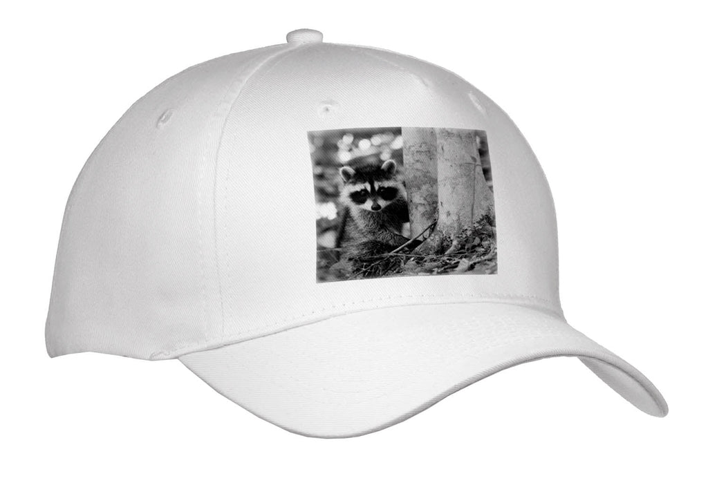 3dRose Black and White Photograph of a Baby Raccoon at The Base of a Tree. - Caps (Cap_336732)