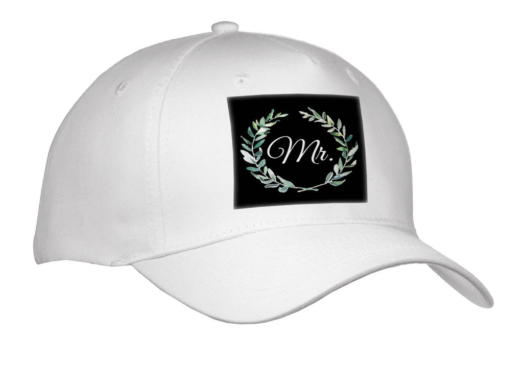 3dRose White Mr. Inside a Wreath of Green Leaves on Black Background. - Caps (Cap_336936)