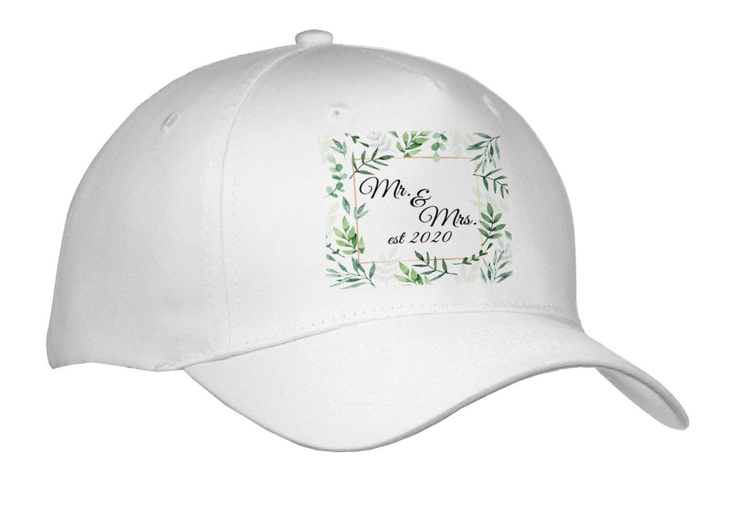 3dRose Black Mr. and Mrs. Est 2020 Framed in Green Leaves and a Gold Square. - Caps (Cap_336944)