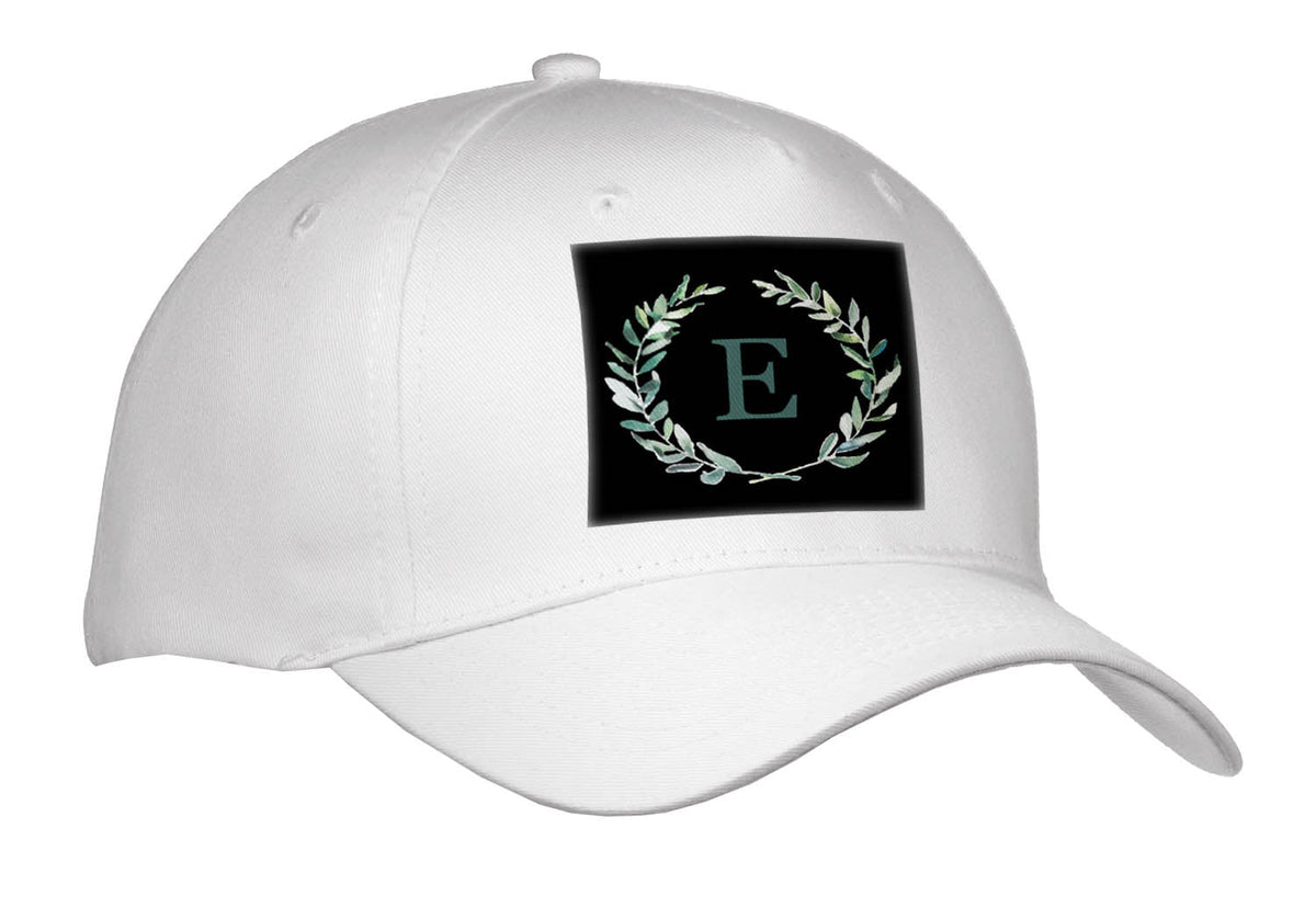 3dRose Wreath with Monogram Initial Letter E in Green on Black Background. - Caps (Cap_337361)