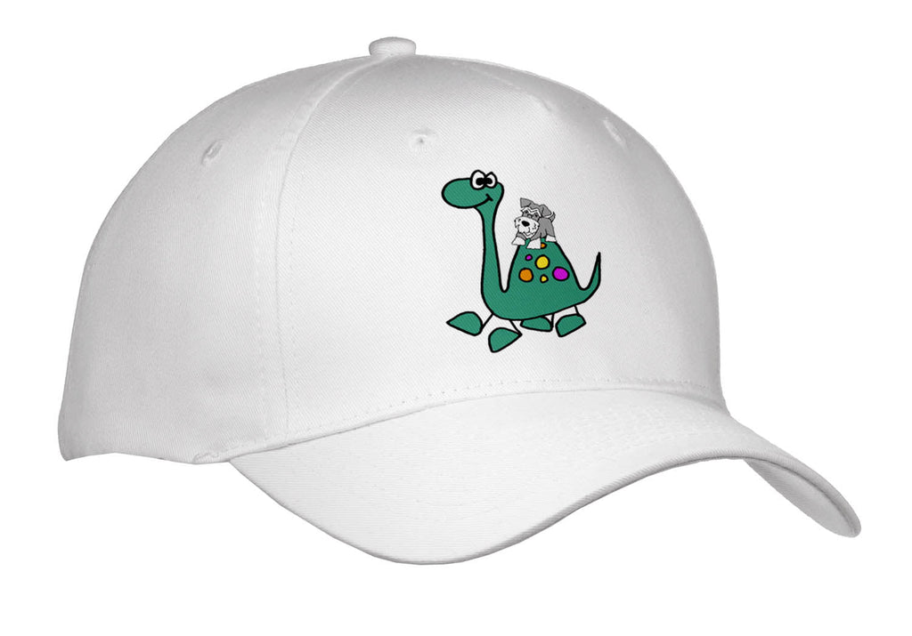 3dRose Funny Cute Schnauzer Dog Riding Blue Brontosaurus Dinosaur - Caps (Cap_338235)
