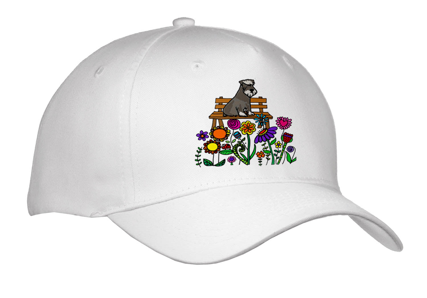 3dRose Funny Miniature Schnauzer Dog on Flower Garden Bench Nature Art - Caps (Cap_338245)