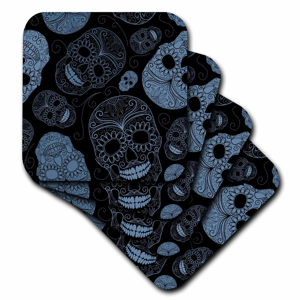3dRose PS Creations - Blue Sugar Skulls Day of The Dead Art - Coasters (CST_110444)