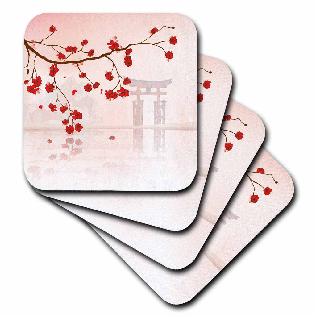 3dRose Dooni Designs Oriental Inspired Designs - Beautiful Japanese Sakura Red Cherry Blossoms Branching Reflecting Over Water - Coasters (cst_116168)