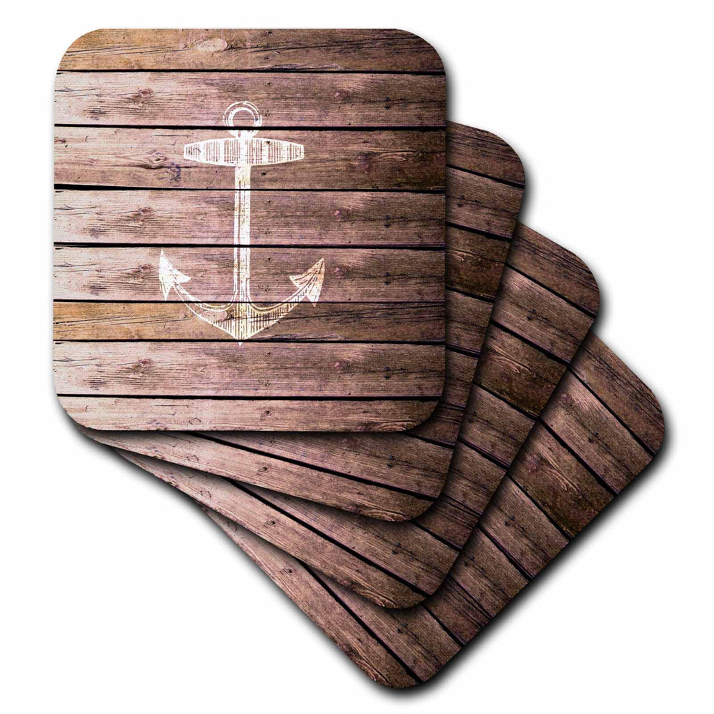 3dRose InspirationzStore Nautical Designs - White Anchor Stamp on Wood Texture Graphic Print - not Actually Wooden - Brown Grunge Nautical Theme - Coasters (CST_120205)