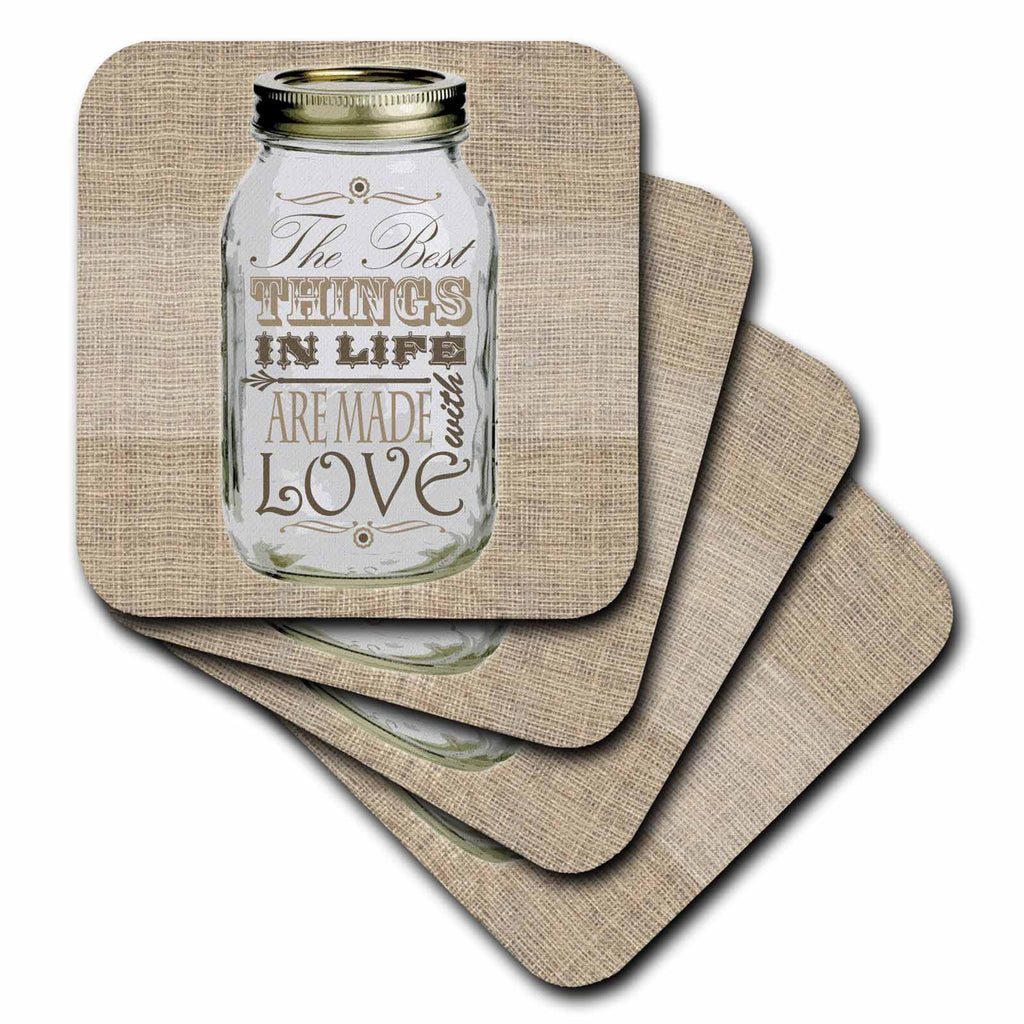 3dRose Janna Salak Designs Rustic Designs - Mason Jar on Burlap Print Brown - The Best Things in Life are Made with Love - Gifts for The Cook - Coasters (CST_128507)