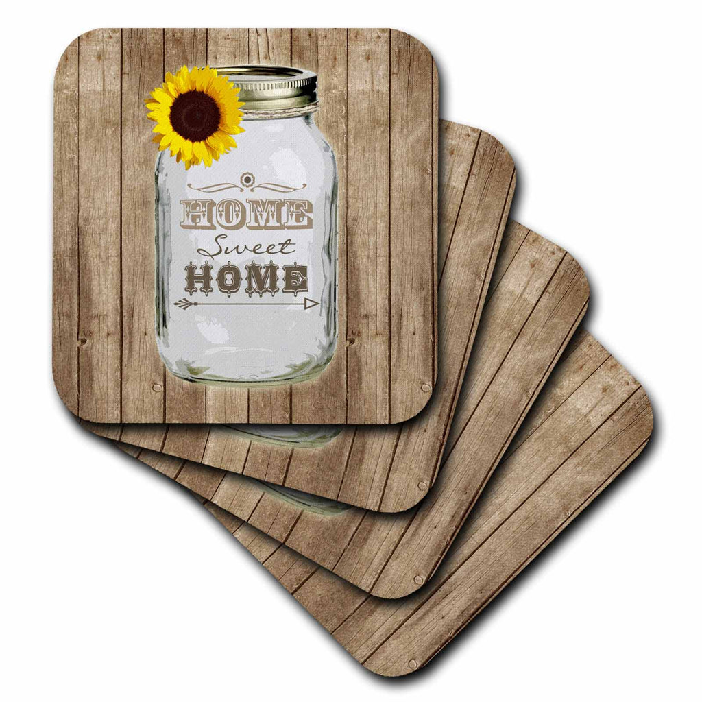 3dRose Janna Salak Designs Rustic Designs - Country Rustic Mason Jar with Sunflower - Home Sweet Home - Coasters (CST_128555)