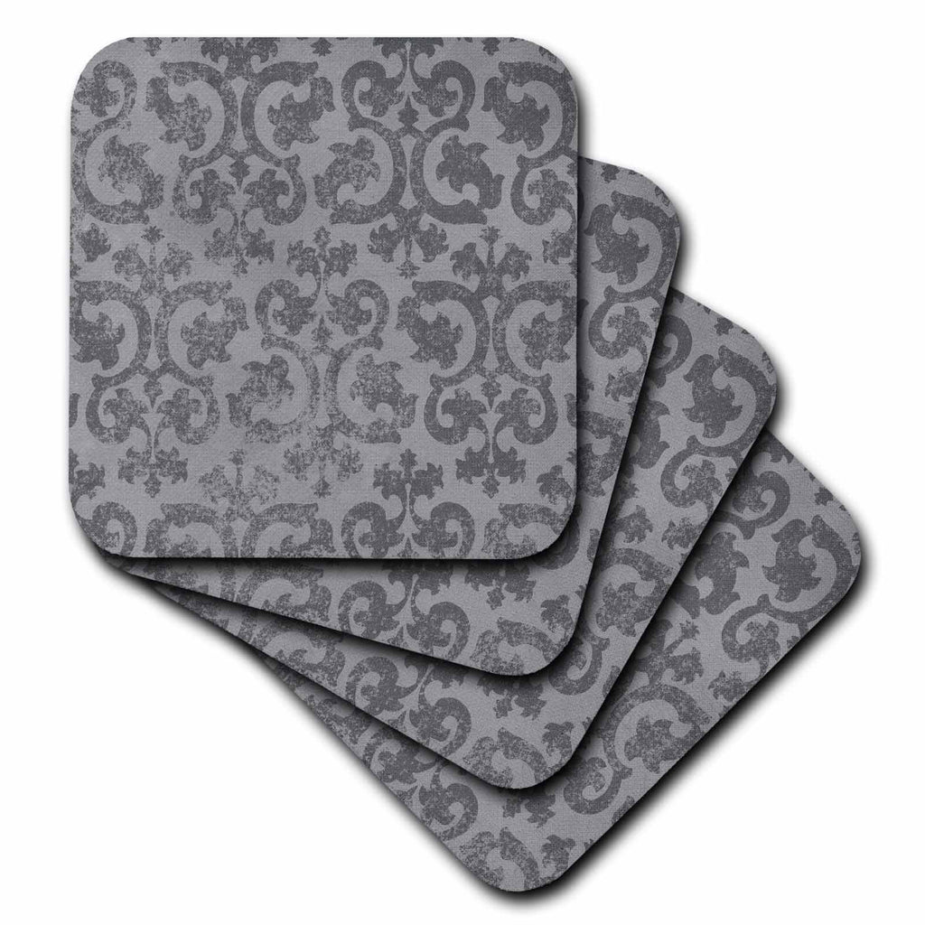 3dRose InspirationzStore Damask Patterns - Grunge Gray Damask - Silver Grey Faded Antique Vintage Swirls - Wallpaper Fancy Swirling Pattern - Coasters (CST_151434)