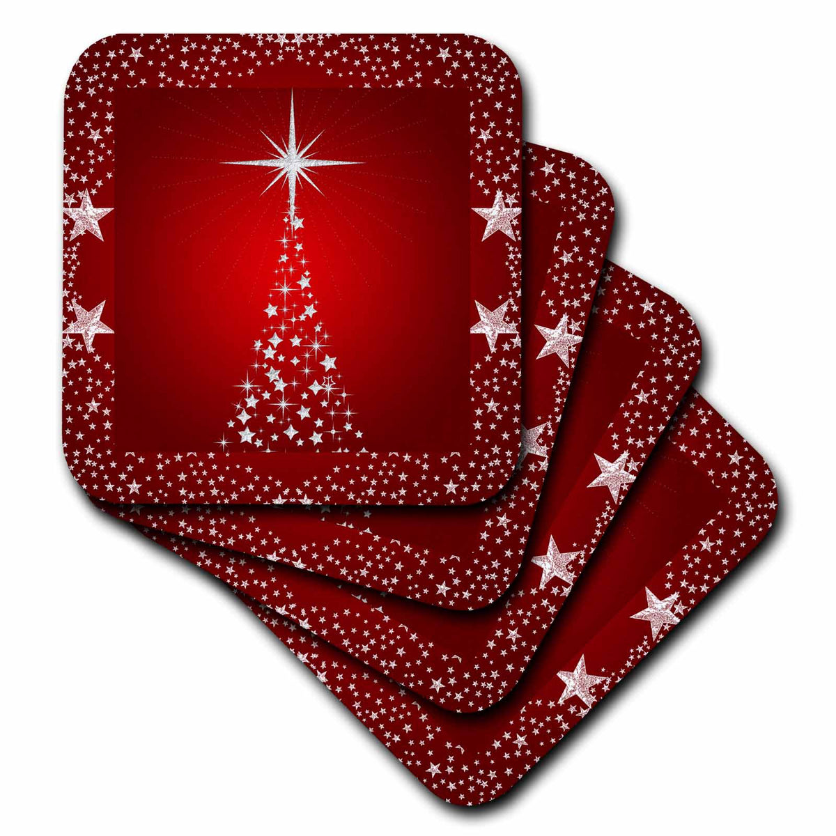 3dRose Doreen Erhardt Christmas Collection - Silver Star Christmas Tree with Holiday Red Background - Coasters (cst_164753)