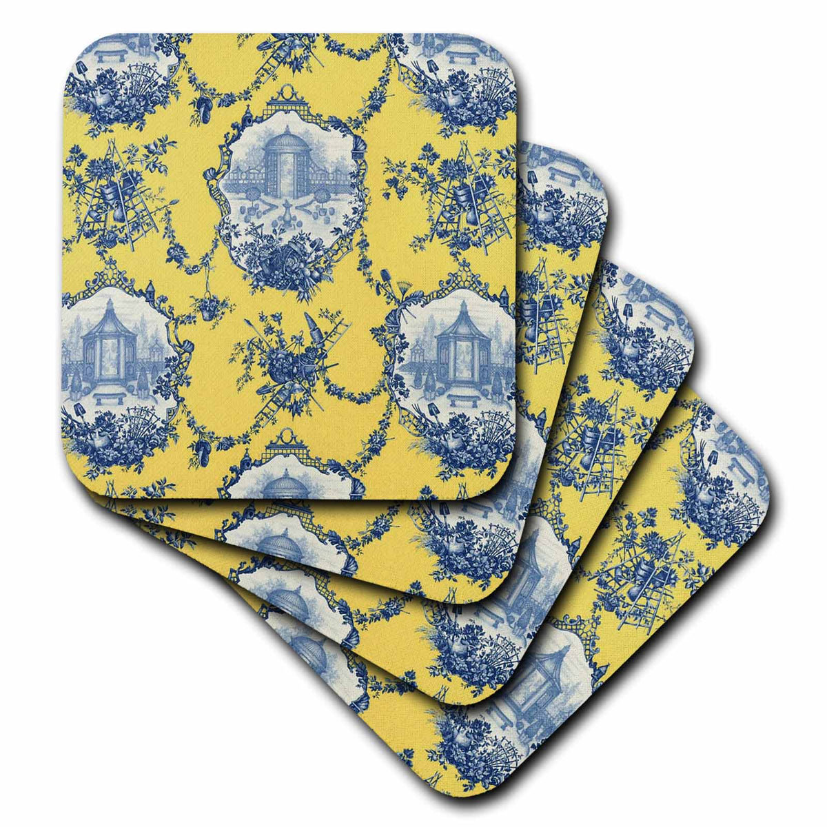 3dRose RinaPiro - French Toile - Garden French Toile. Yellow and Blue. Popular Toile Print. - Coasters (CST_218087)